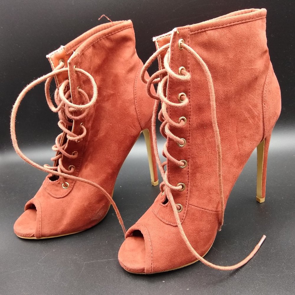 Rust Orange Lace Up Peep Toe Stiletto Boots Size 6 1/2